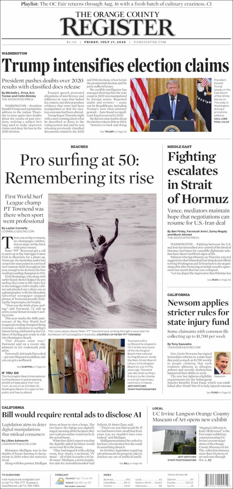 Portada de The Orange County Register (USA)