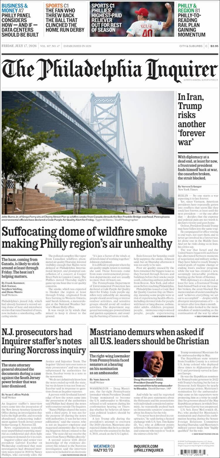Portada de Philadelphia Inquirer (USA)