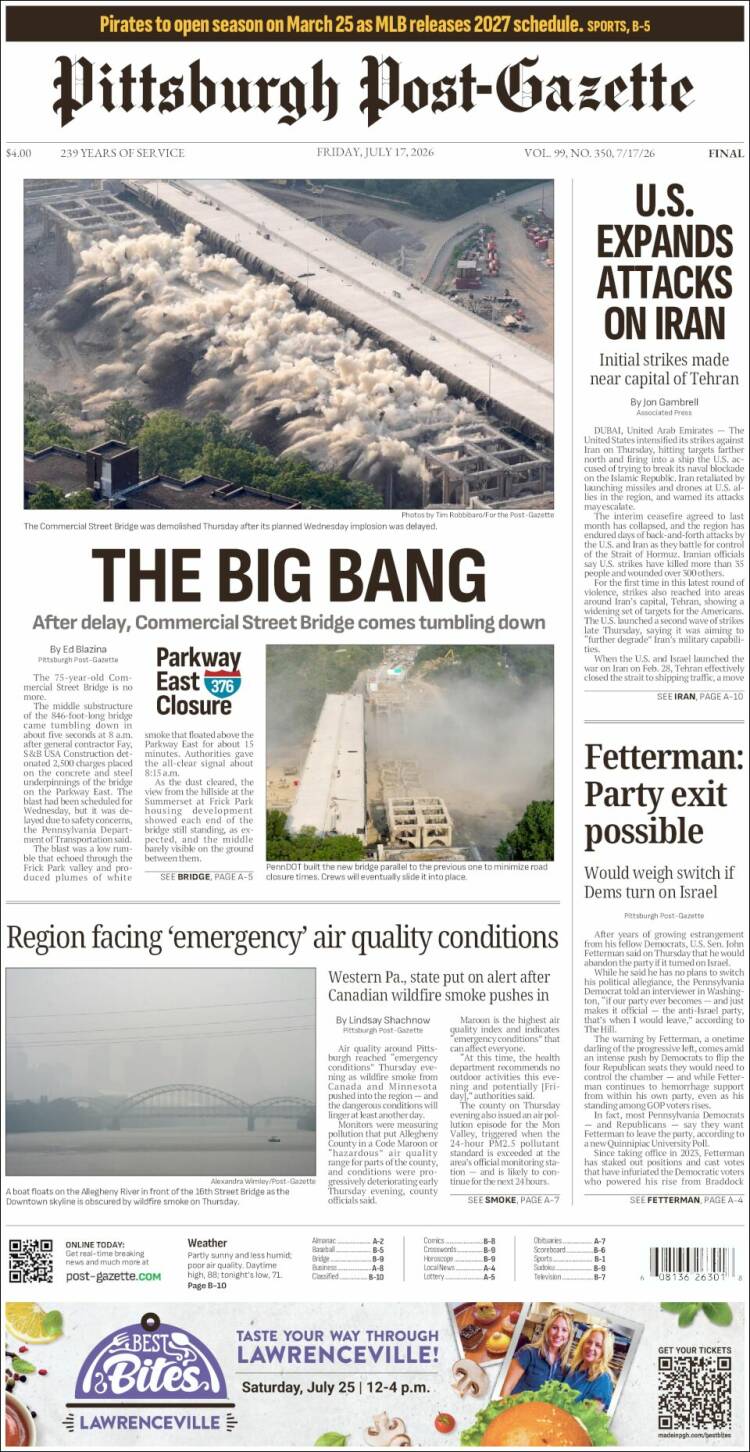 Portada de Pittsburgh Post-Gazette (USA)