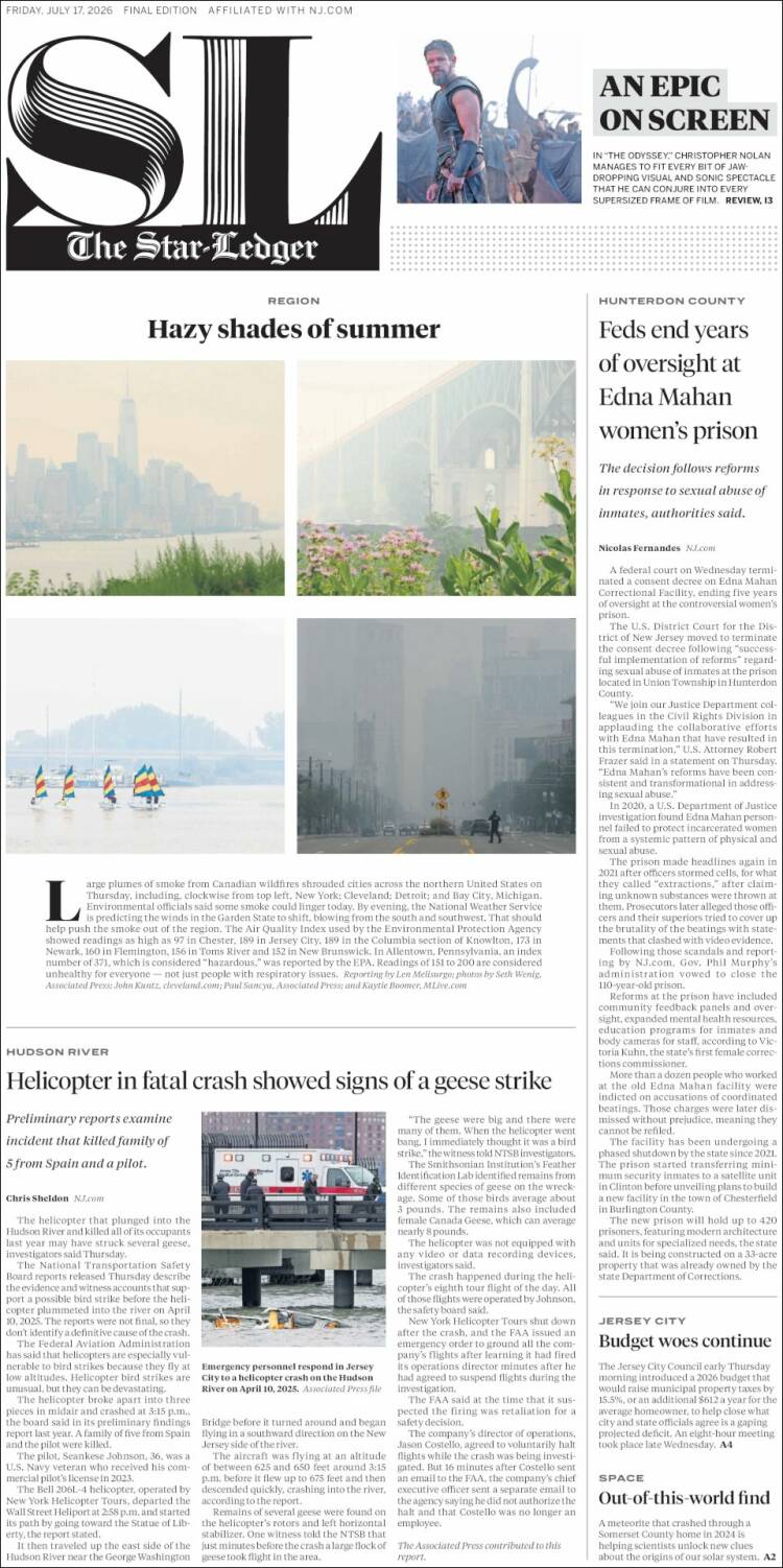 Portada de Star-Ledger (USA)