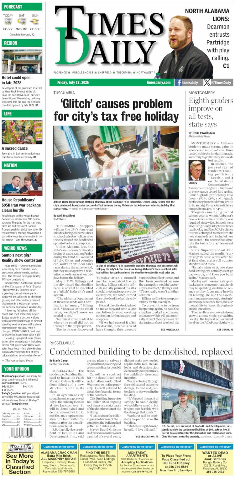 Portada de Times Daily (USA)