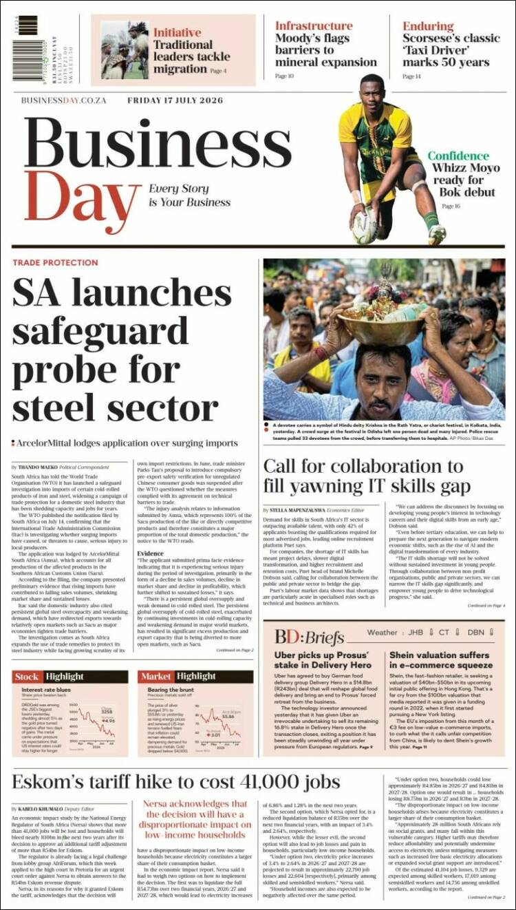 Portada de Business Day (Sud&aacute;frica)