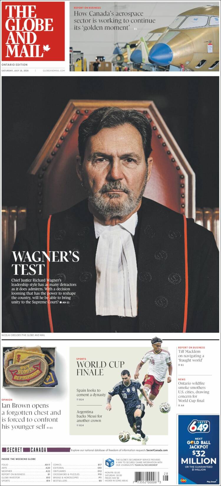 Portada de The Globe and Mail (Canada)