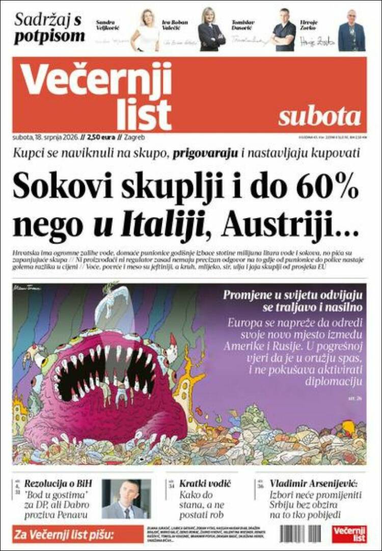 Portada de Večernji (Croacia)