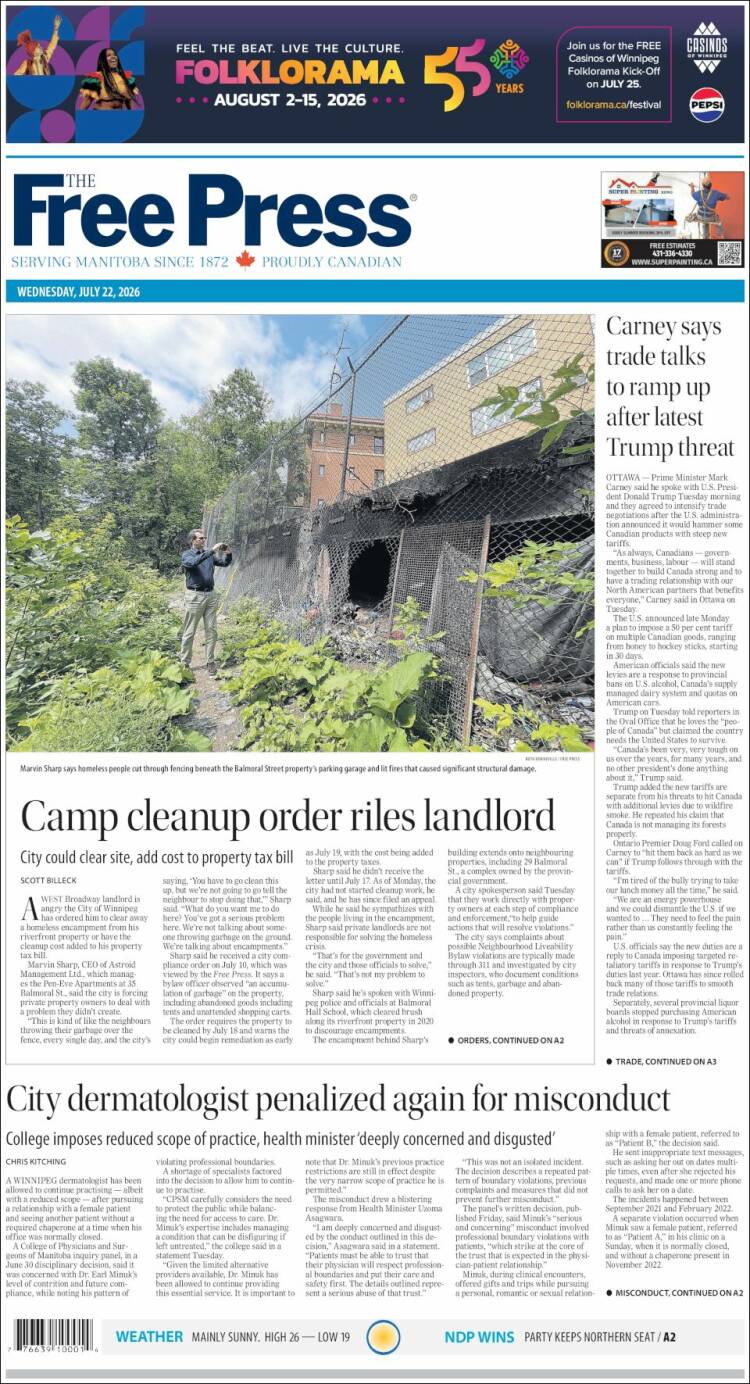 Portada de Winnipeg Free Press (Canada)