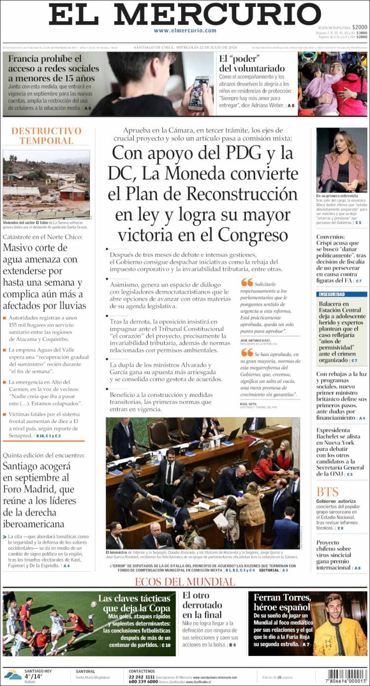 Portada de El Mercurio (Chile)