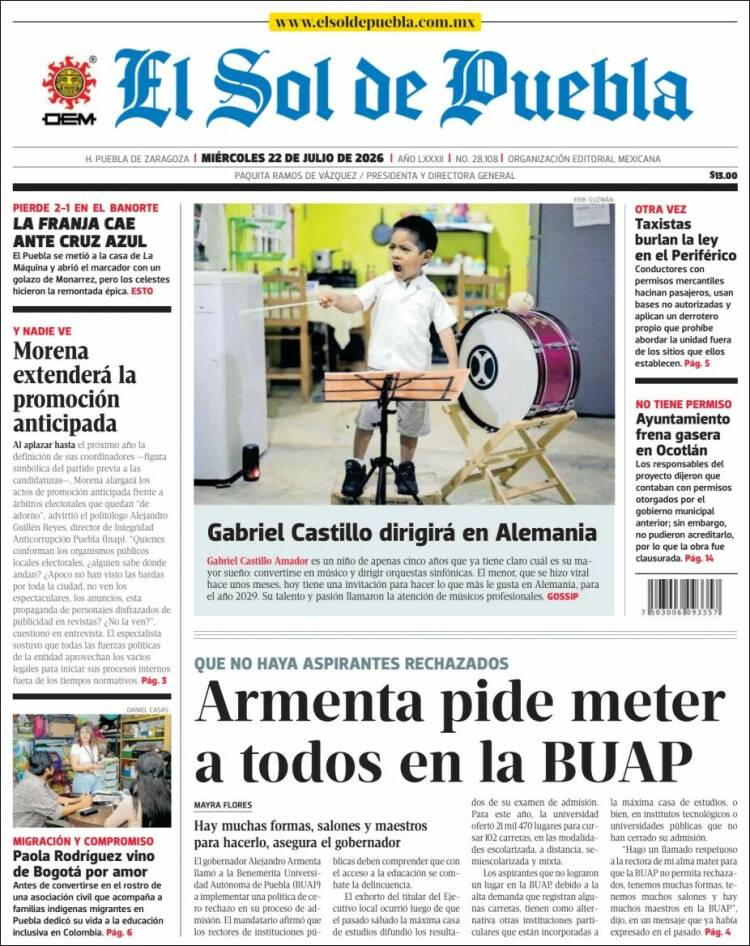 Portada de El Sol de Puebla (Mexico)