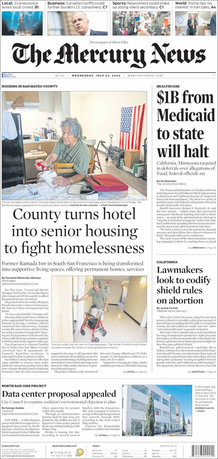 Portada de San Jose Mercury News (USA)
