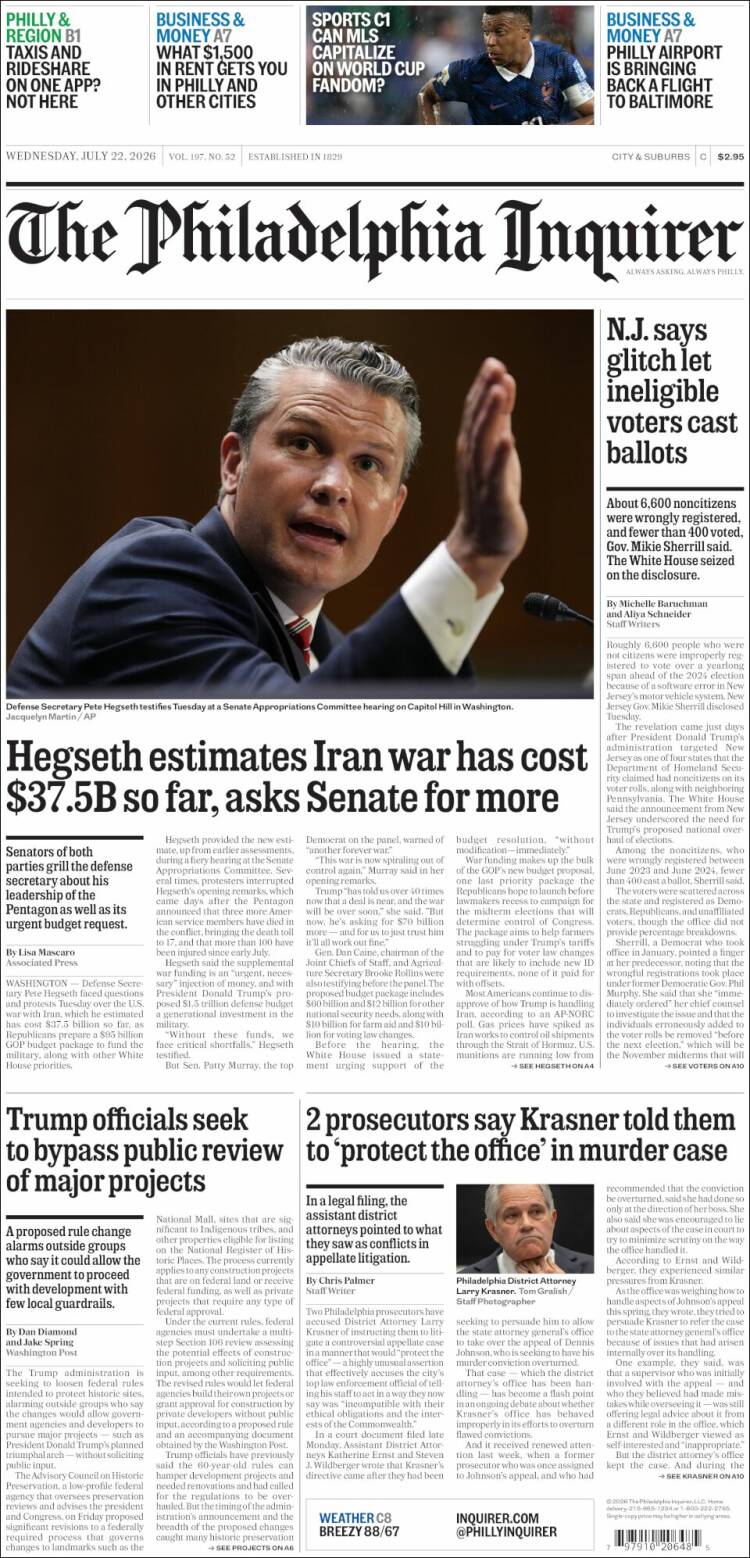 Portada de Philadelphia Inquirer (USA)