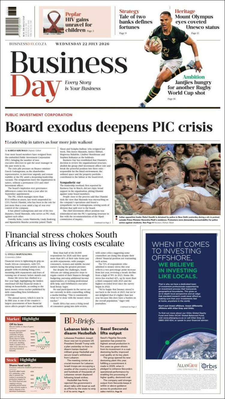 Portada de Business Day (South Africa)