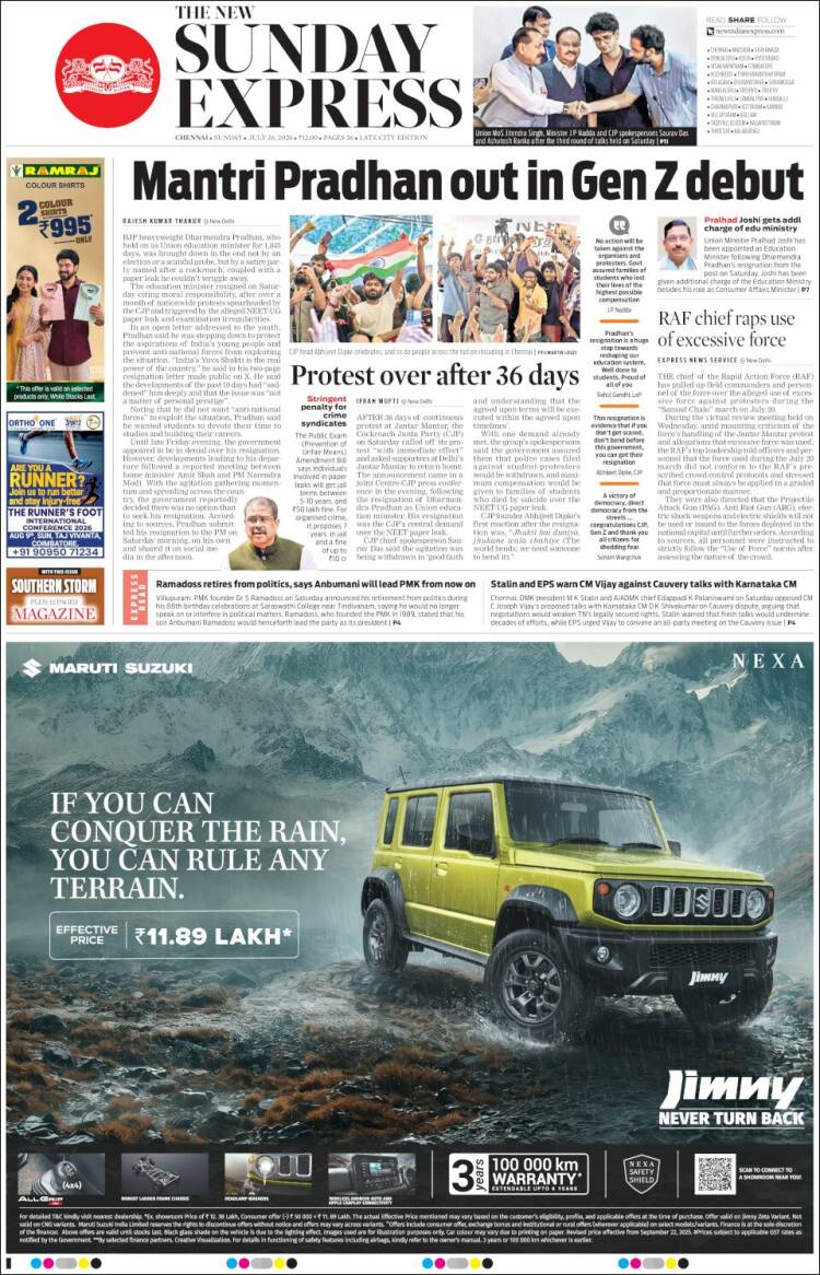 Portada de New Indian Express (India)