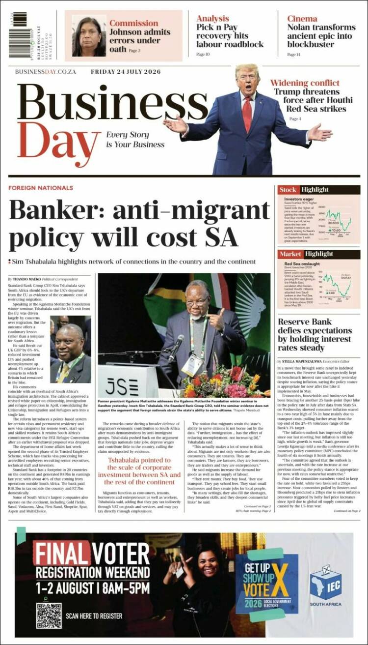 Portada de Business Day (Sud&aacute;frica)