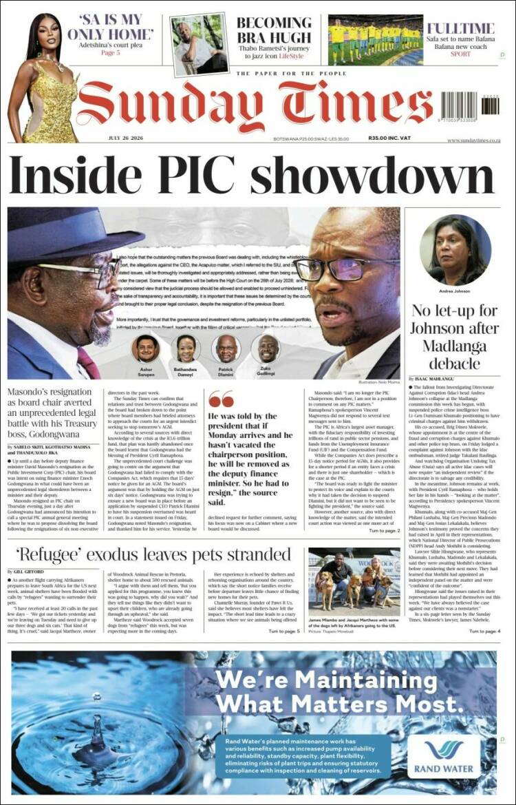 Portada de The Times (Sud&aacute;frica)