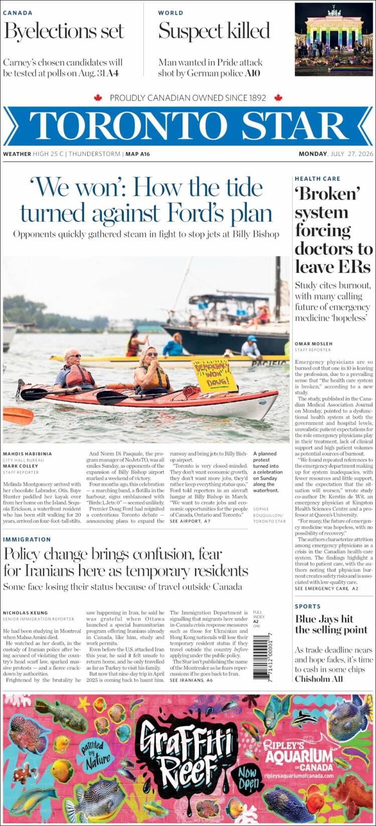 Portada de The Toronto Star (Canad&aacute;)