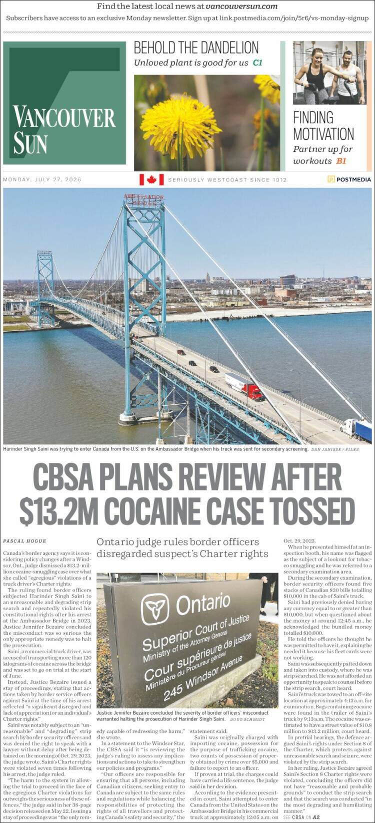 Portada de The Vancouver Sun (Canad&aacute;)