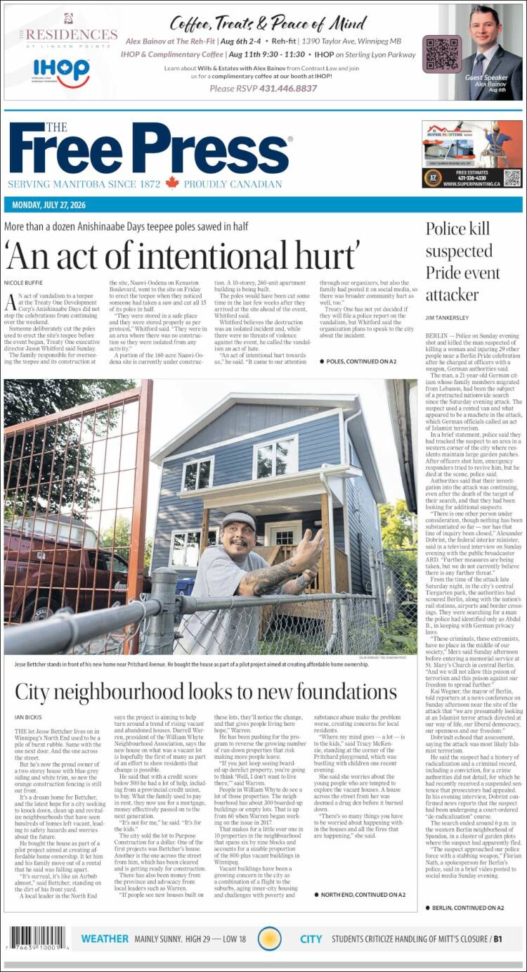Portada de Winnipeg Free Press (Canad&aacute;)