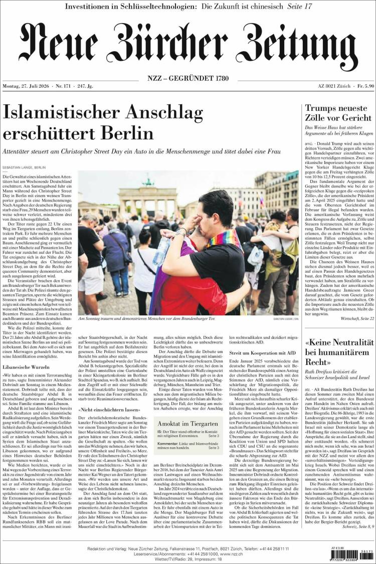 Portada de Neue Zürcher Zeitung (Suiza)