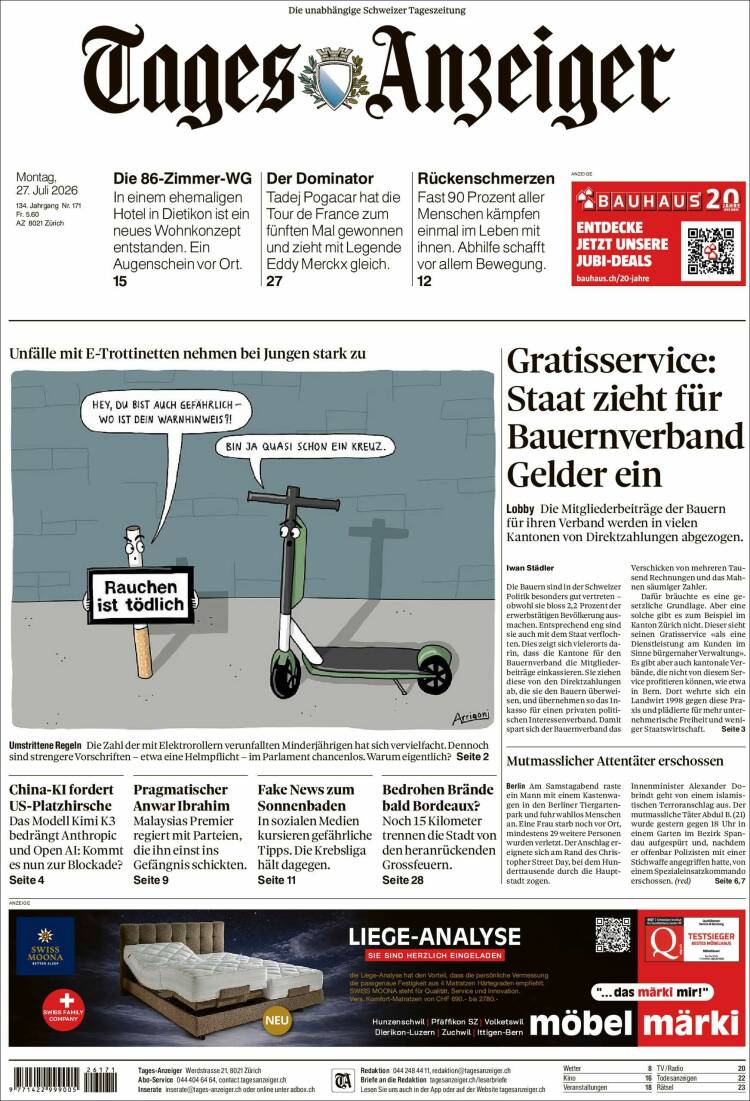 Portada de Tages-Anzeiger (Suiza)
