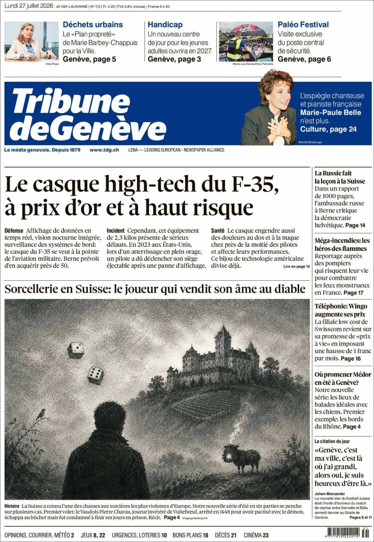 Portada de La Tribune de Genève (Suiza)