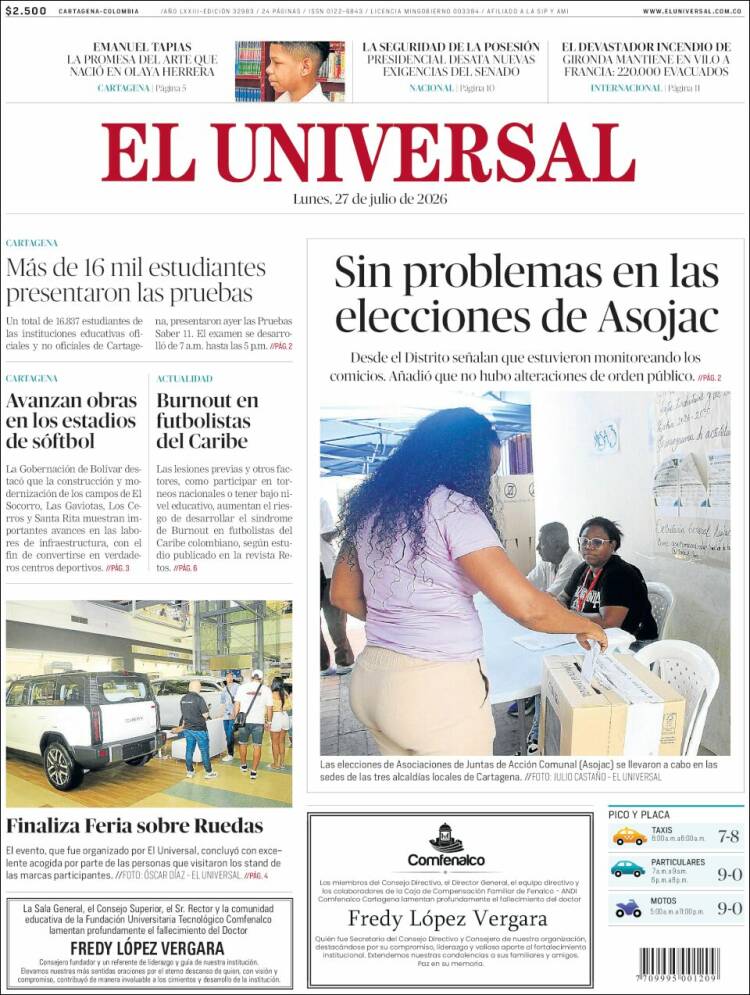 Portada de El Universal (Colombia)