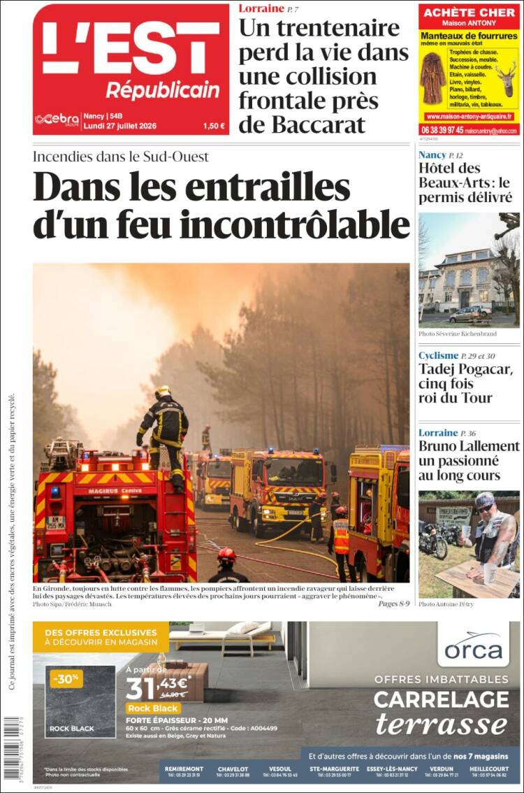 Portada de L'Est Republicain (Francia)