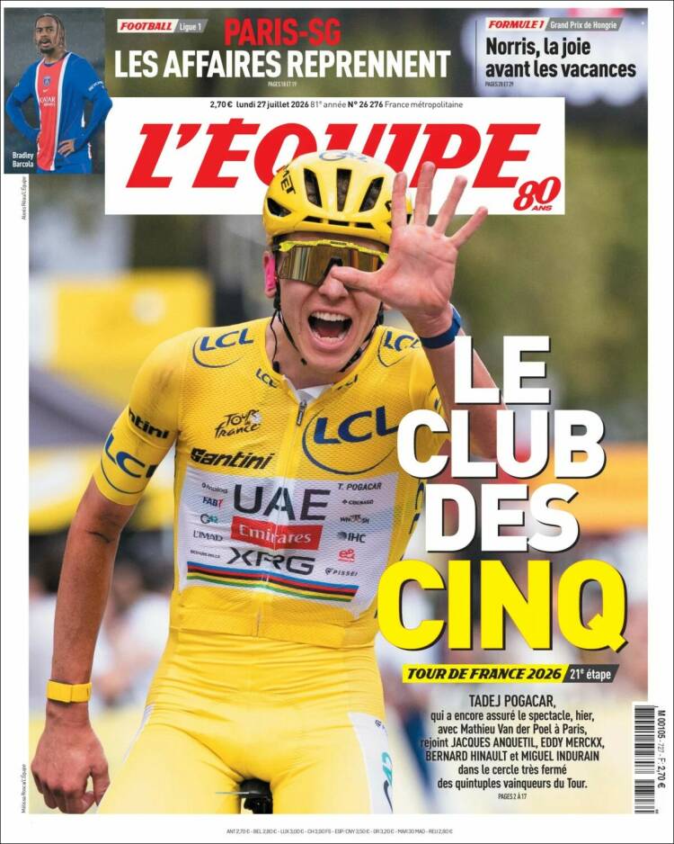 Portada de L'Equipe (Francia)