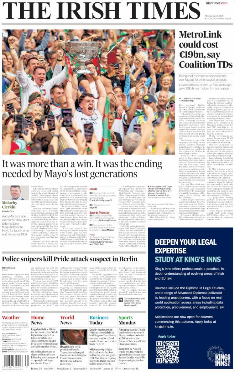 Portada de Irish Times (Irlanda)