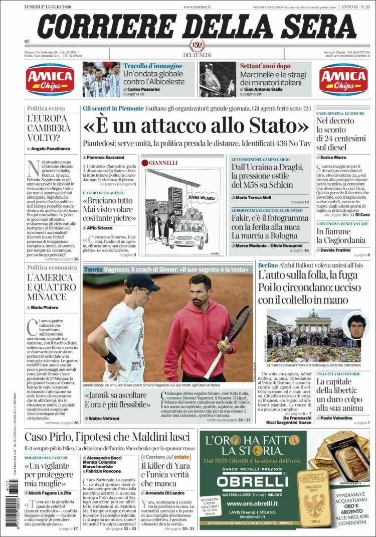Portada de Corriere della Sera (Italia)