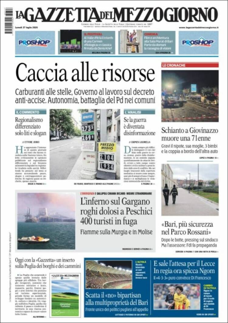 Portada de La Gazzetta del Mezzogiorno (Italia)