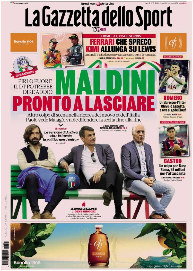 Portada de La Gazzetta dello Sport (Italia)
