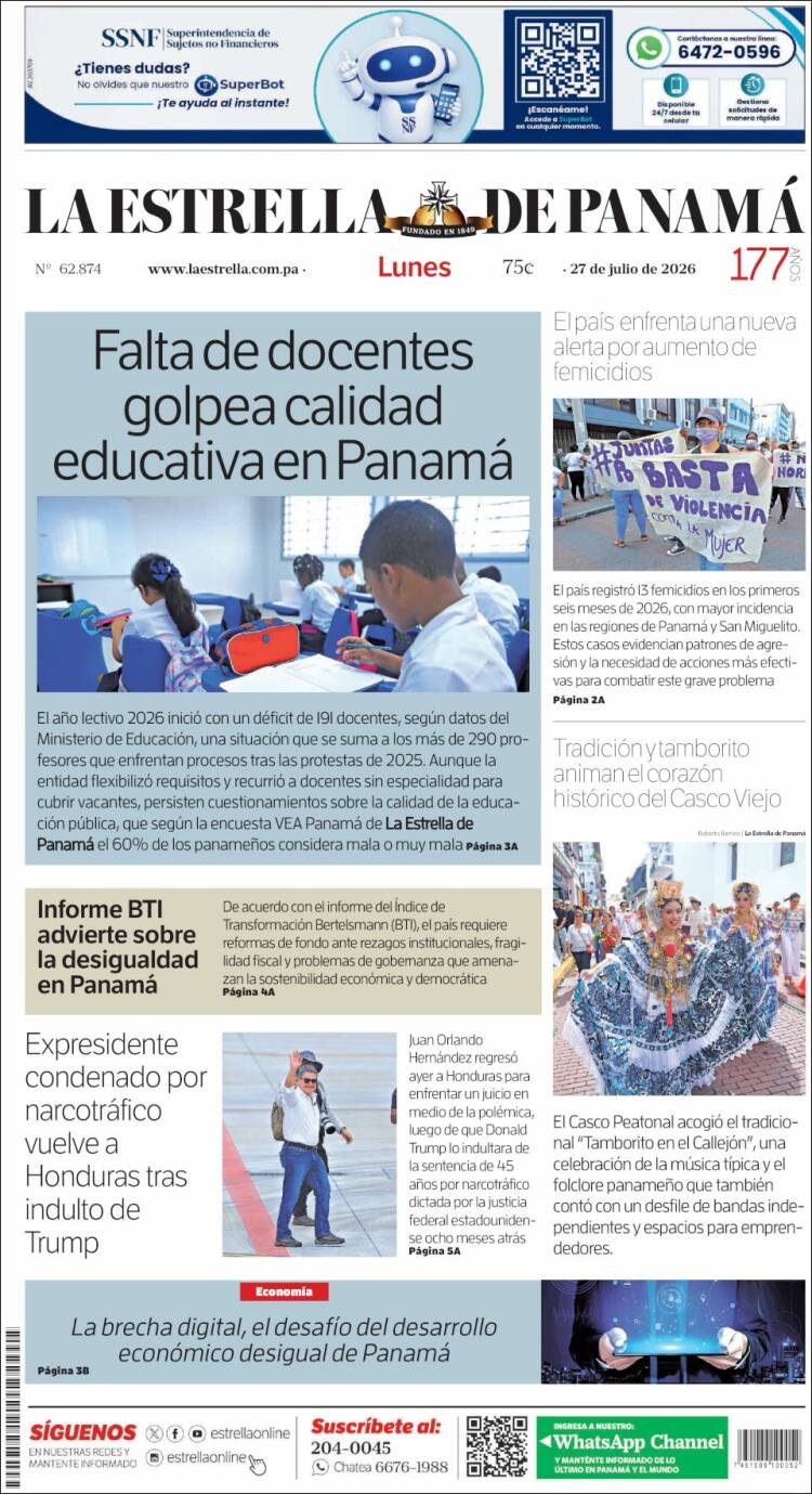 Portada de La Estrella de Panamá (Panam&aacute;)