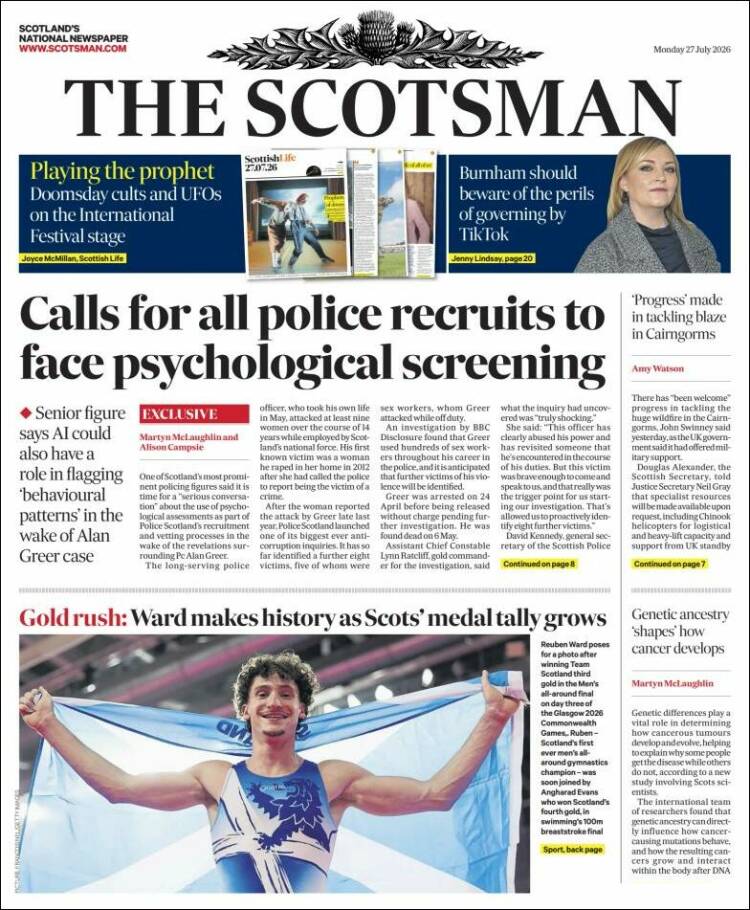 Portada de The Scotsman (Reino Unido)