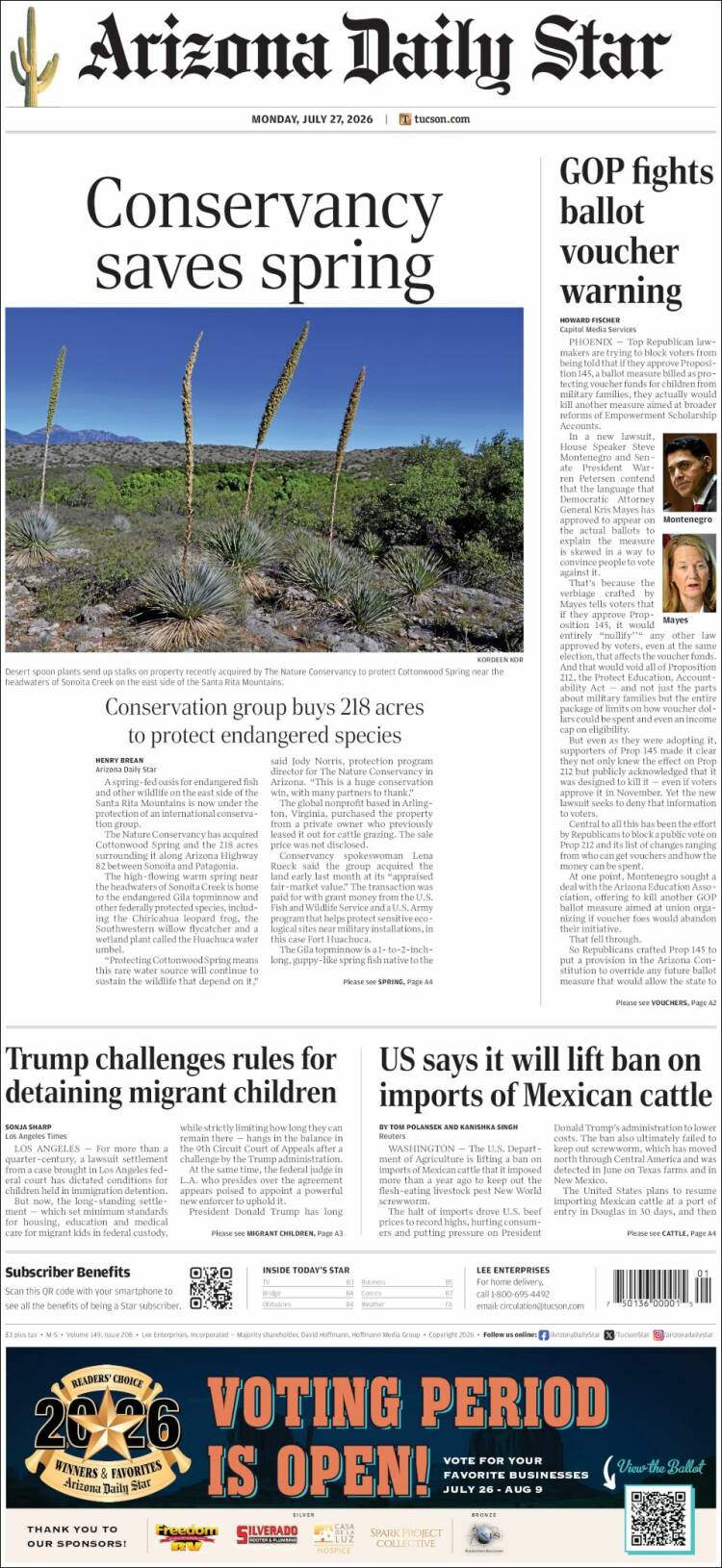 Portada de Arizona Daily Star (USA)