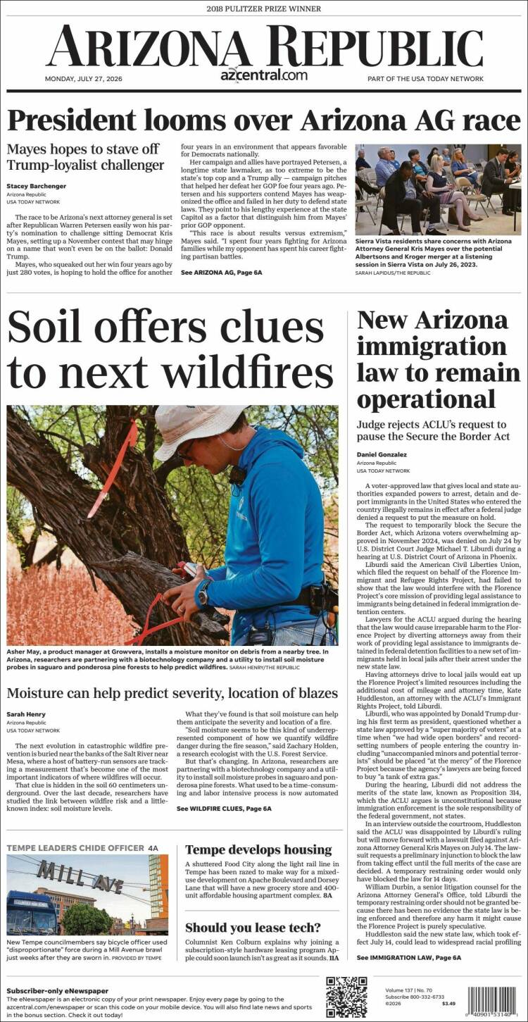 Portada de Arizona Republic News (USA)