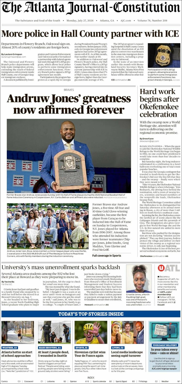 Portada de The Atlanta Journal-Constitution (USA)