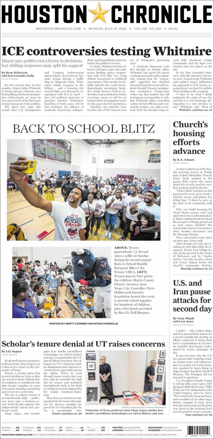 Portada de Houston Chronicle (USA)
