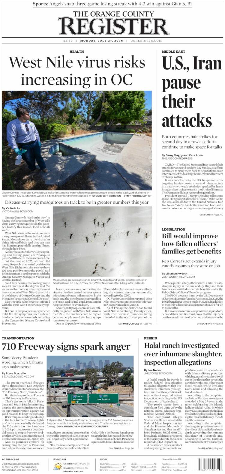Portada de The Orange County Register (USA)