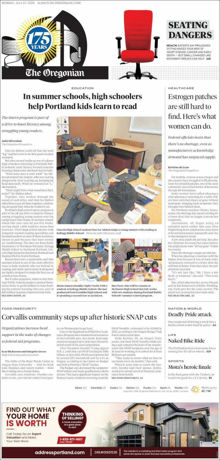 Portada de The Oregonian (USA)