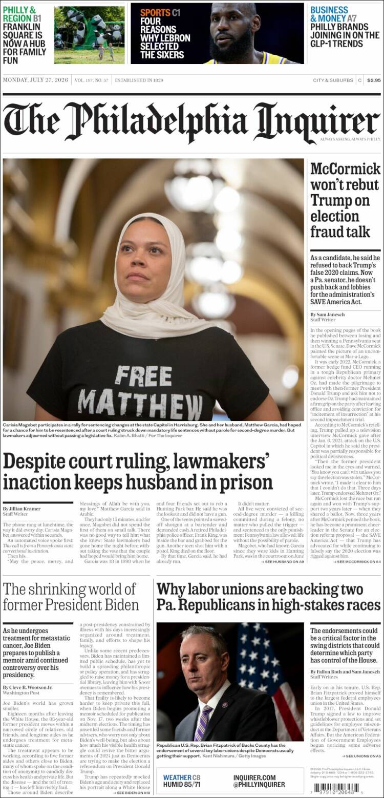 Portada de Philadelphia Inquirer (USA)