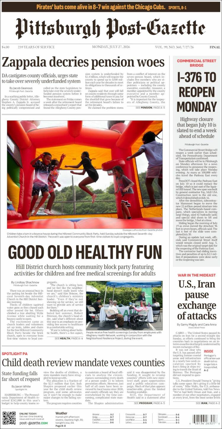 Portada de Pittsburgh Post-Gazette (USA)
