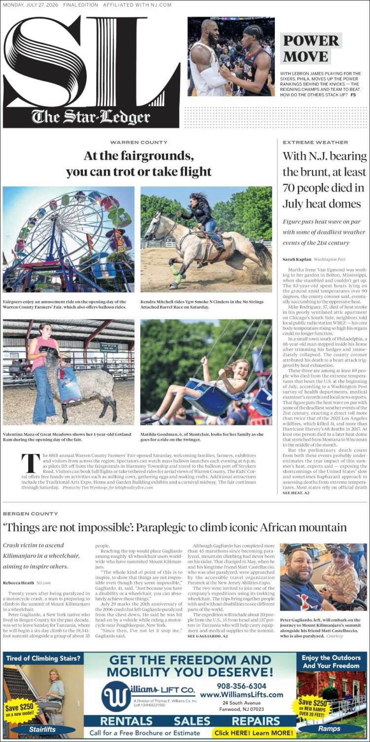Portada de Star-Ledger (USA)