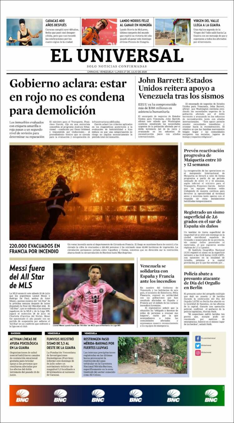 Portada de Universal (Venezuela)