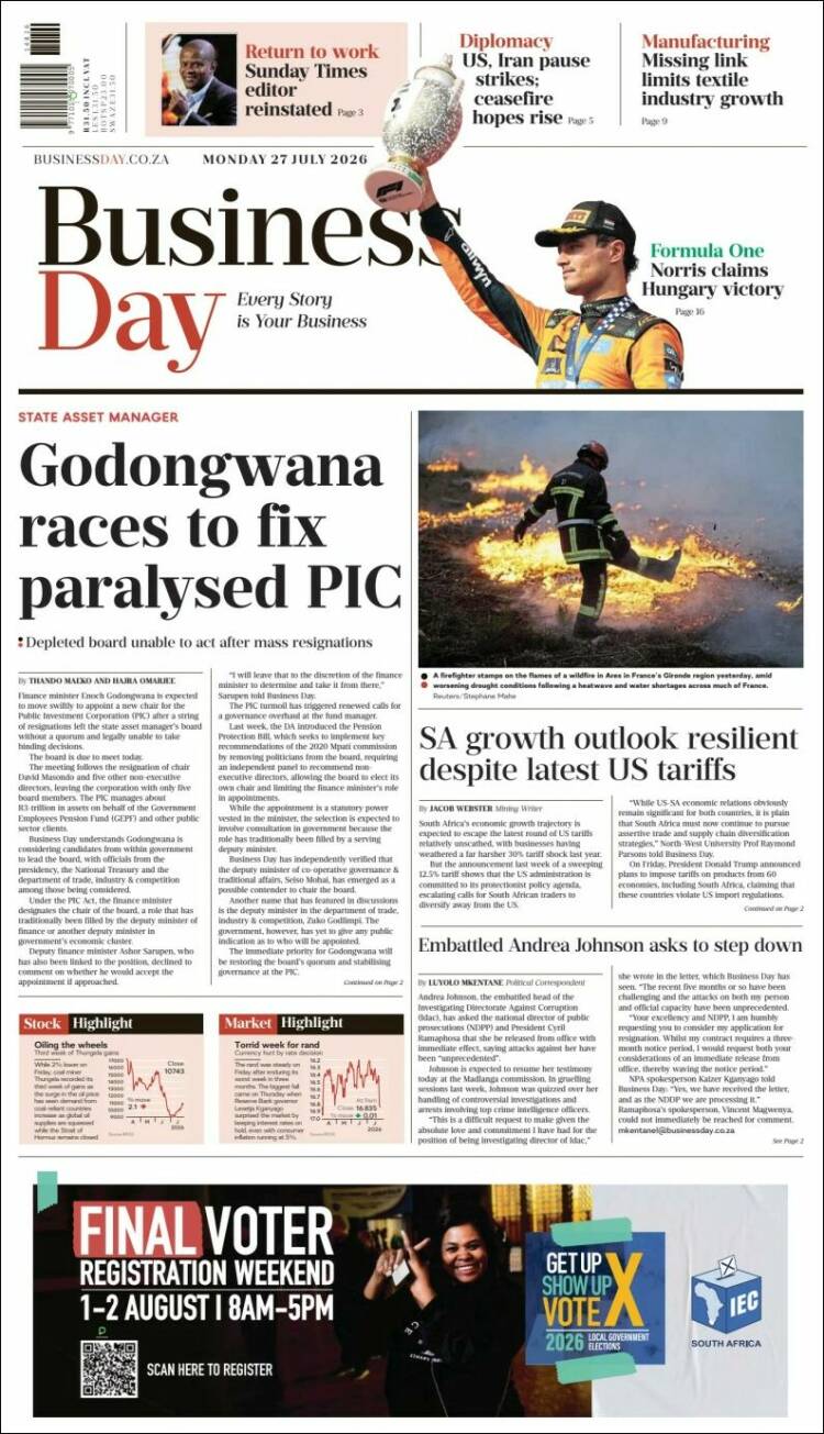 Portada de Business Day (Sud&aacute;frica)