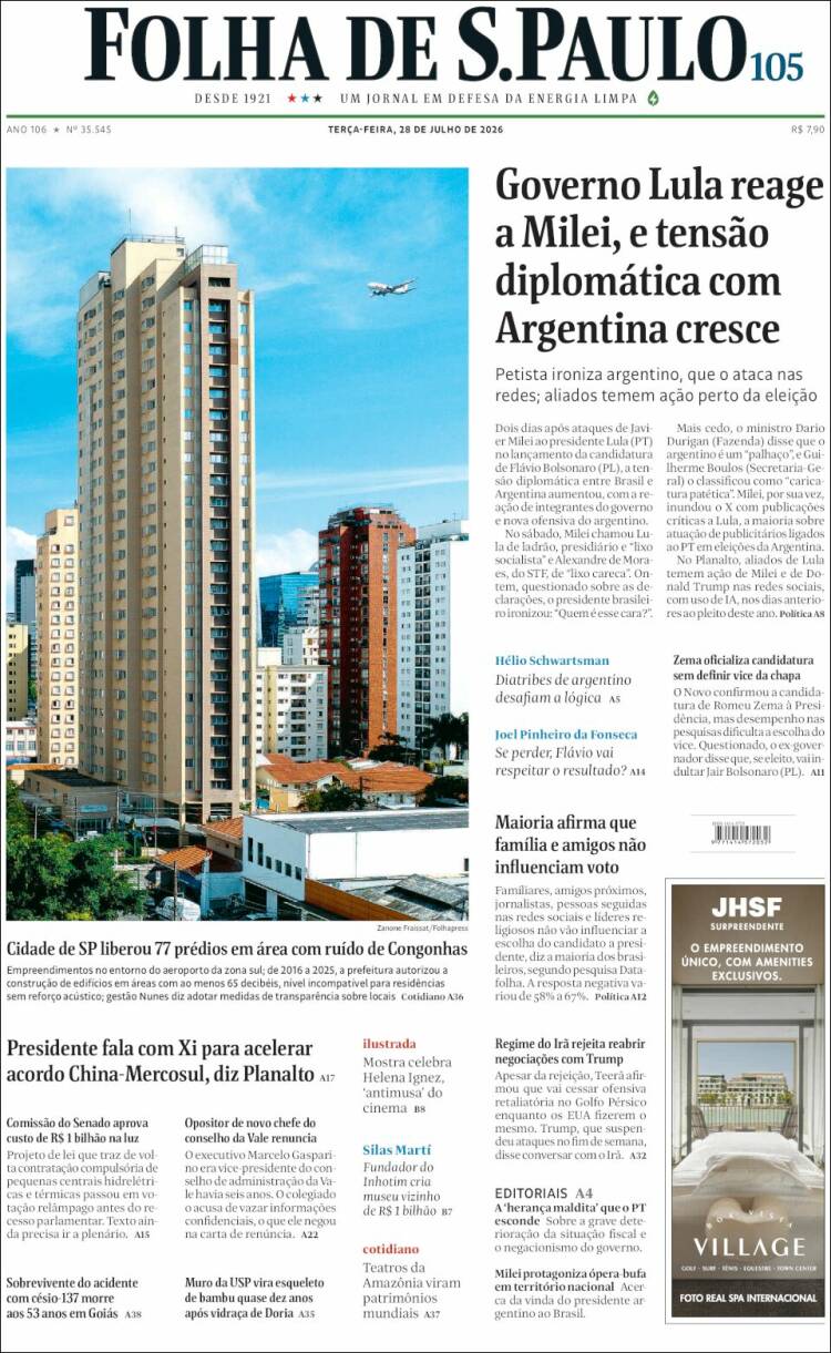 Portada de Folha de São Paulo (Brasil)
