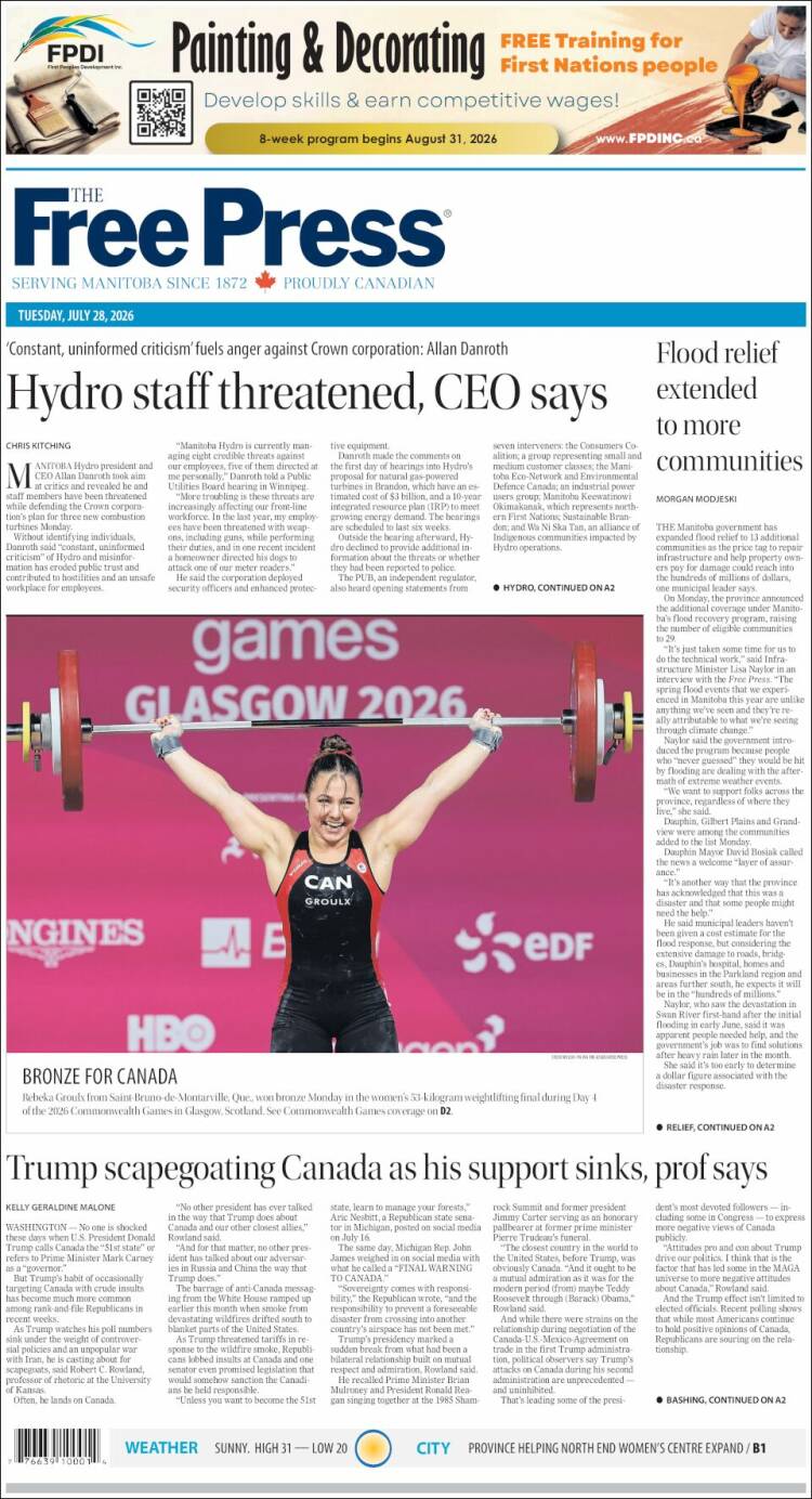 Portada de Winnipeg Free Press (Canad&aacute;)