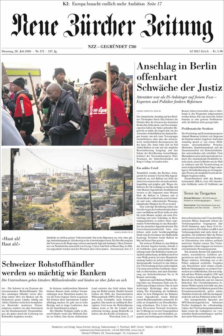 Portada de Neue Zürcher Zeitung (Suiza)