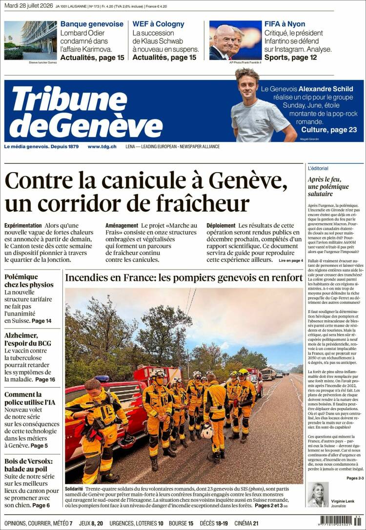 Portada de La Tribune de Genève (Suiza)