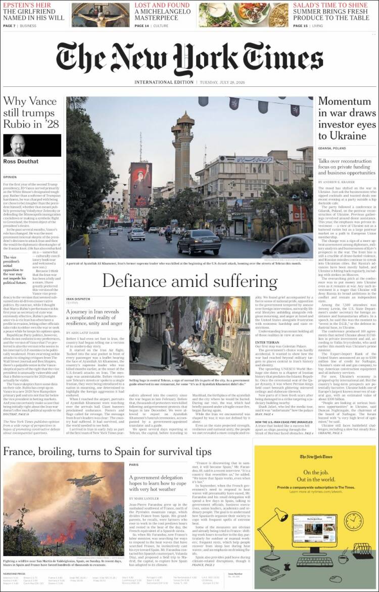 Portada de International New York Times (Europa)