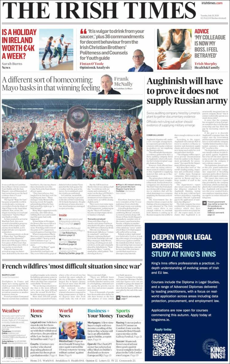 Portada de Irish Times (Irlanda)