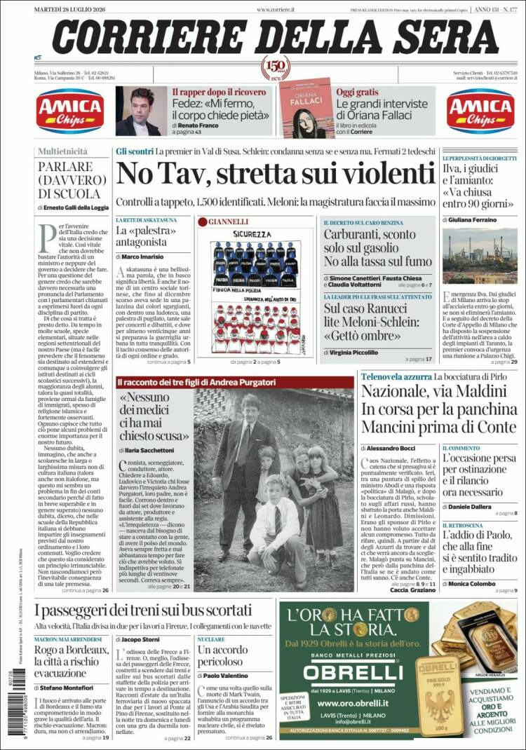 Portada de Corriere della Sera (Italia)